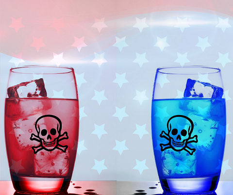 American flag background behind bright red and blue glasses of liquid marked with skull-and-crossbones