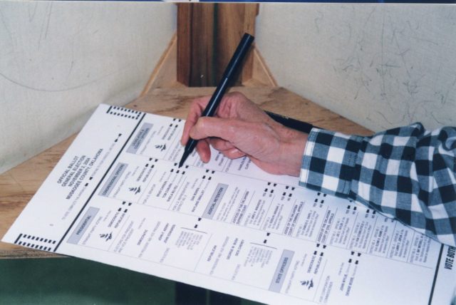 Voter marking a long paper ballot